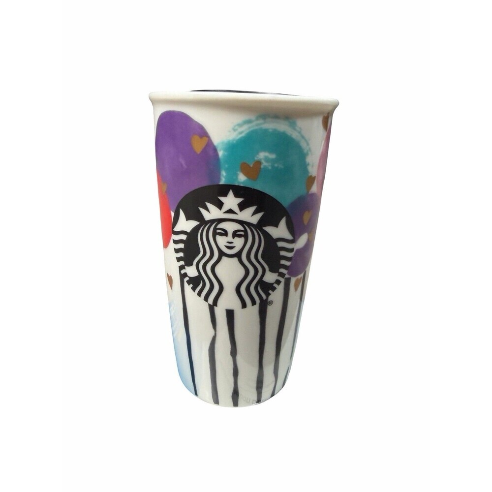 Starbucks 2016 Valentine Gold Hearts Balloons Ceramic 12 oz Tumbler With Lid